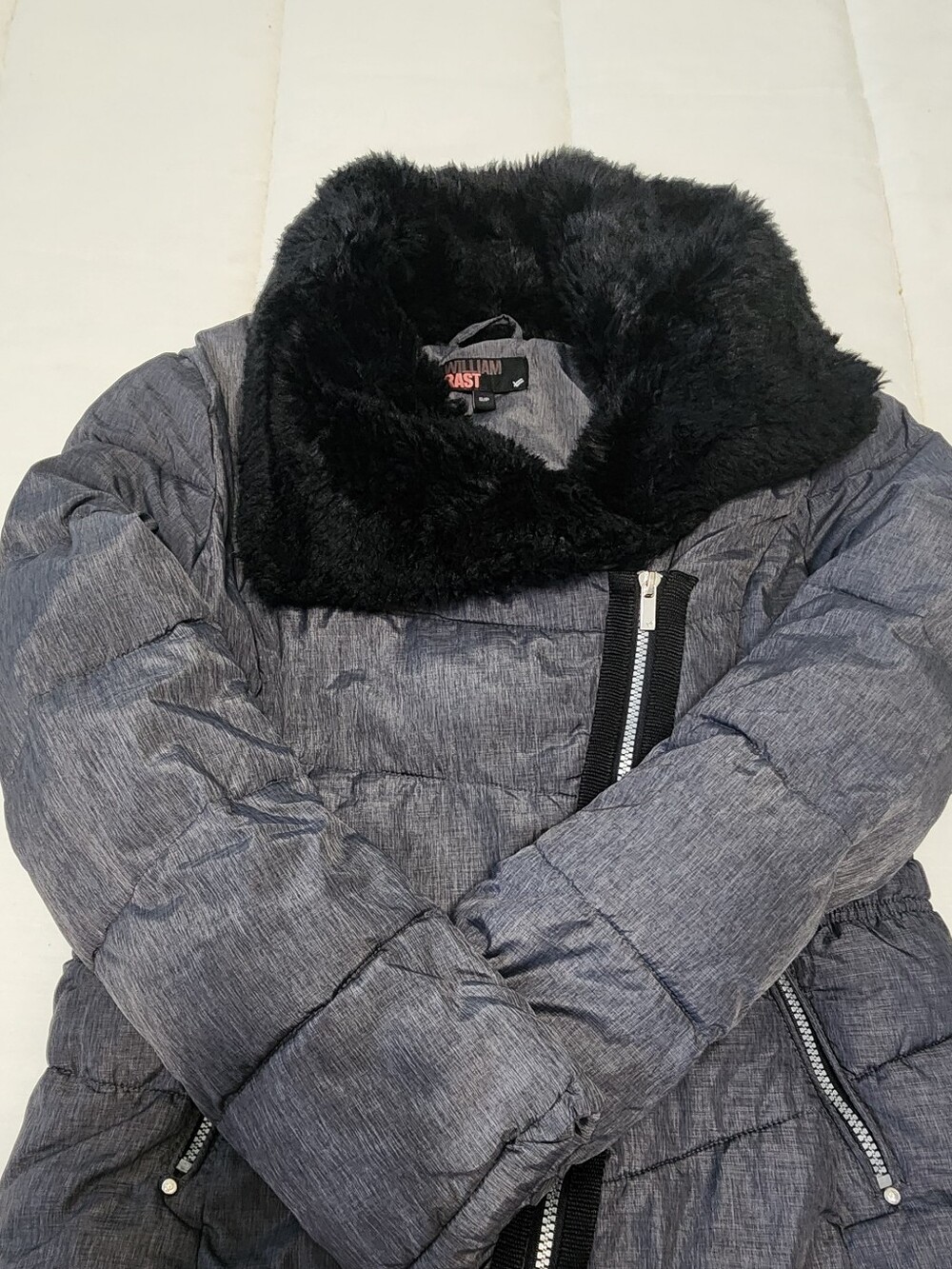 William Rast Gray Quilted Puffer with Black Faux Fur Collar